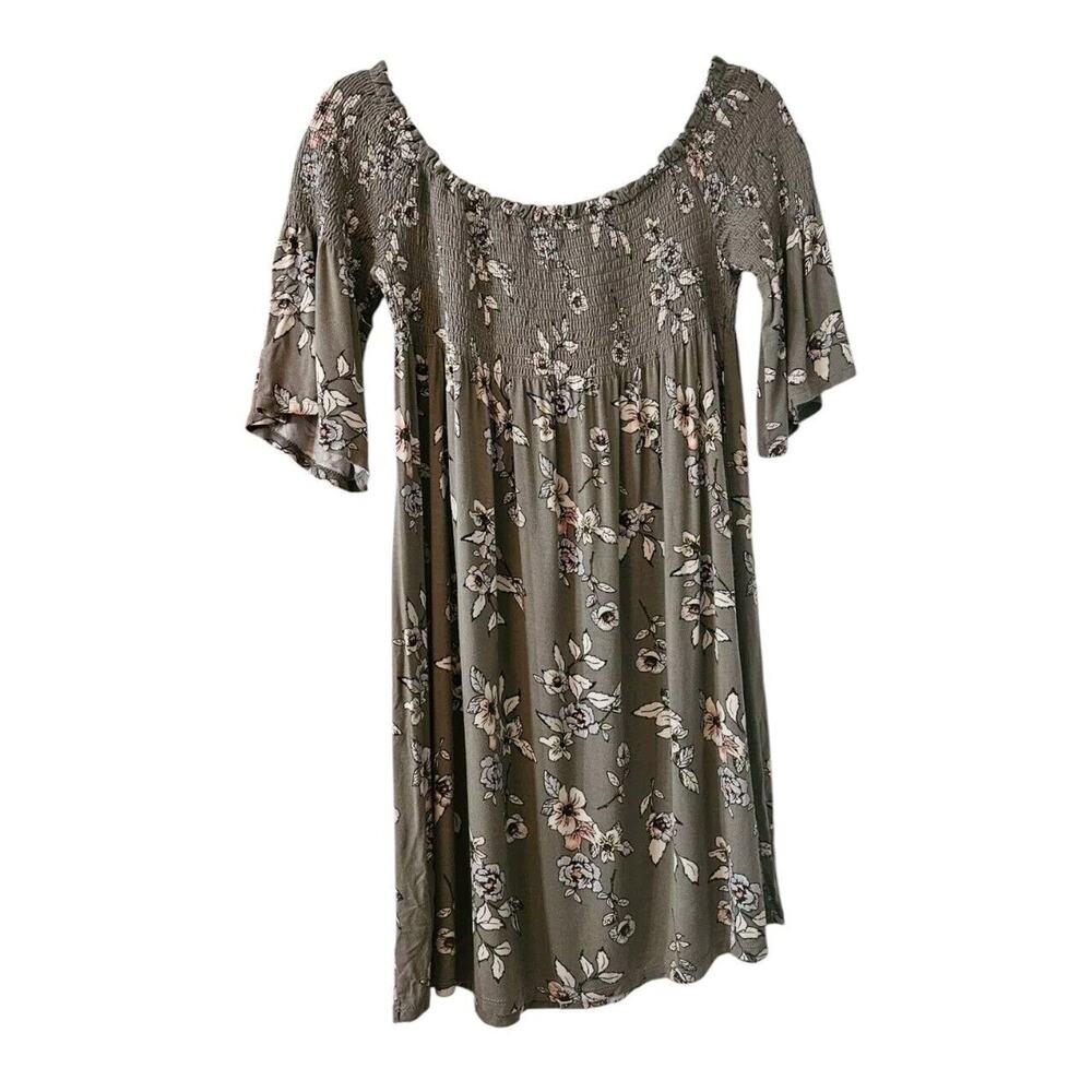 Rewind Junior LG Tunic Dress Grey Floral Smocked Short Bell Sleeves Off Shoulder